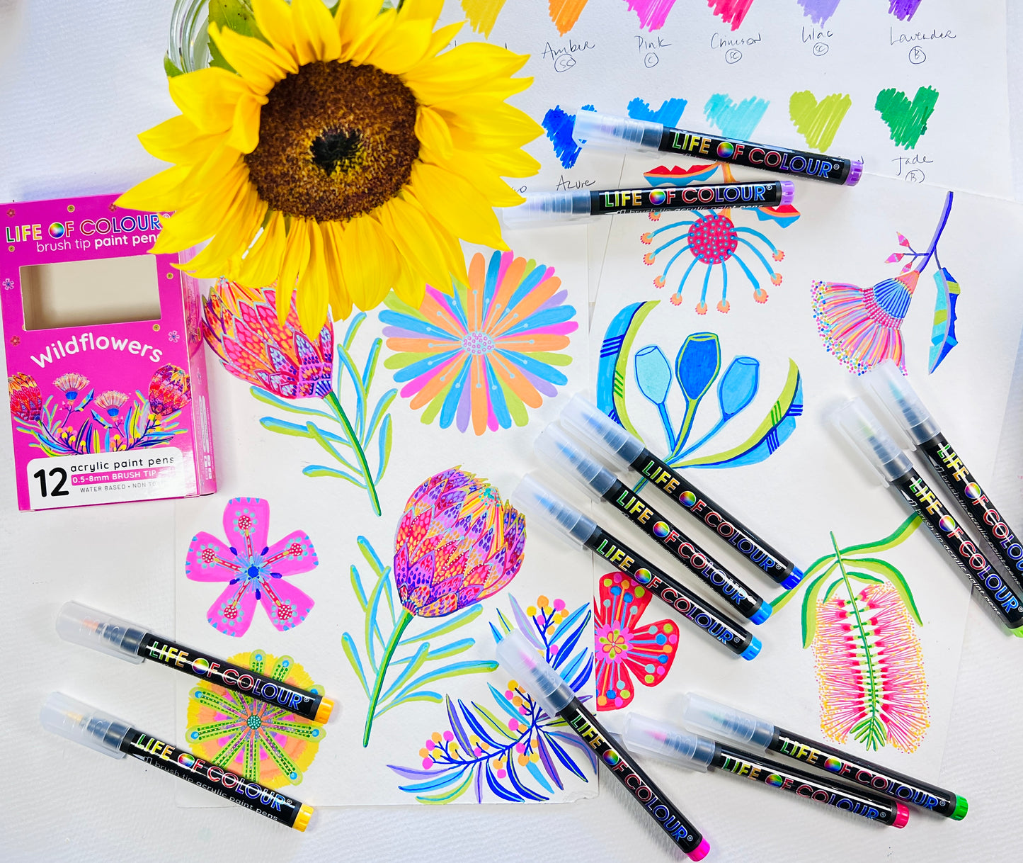 LIFE OF COLOUR collab Wildflowers Brush Tip Acrylic Paint Pens - Set of 12