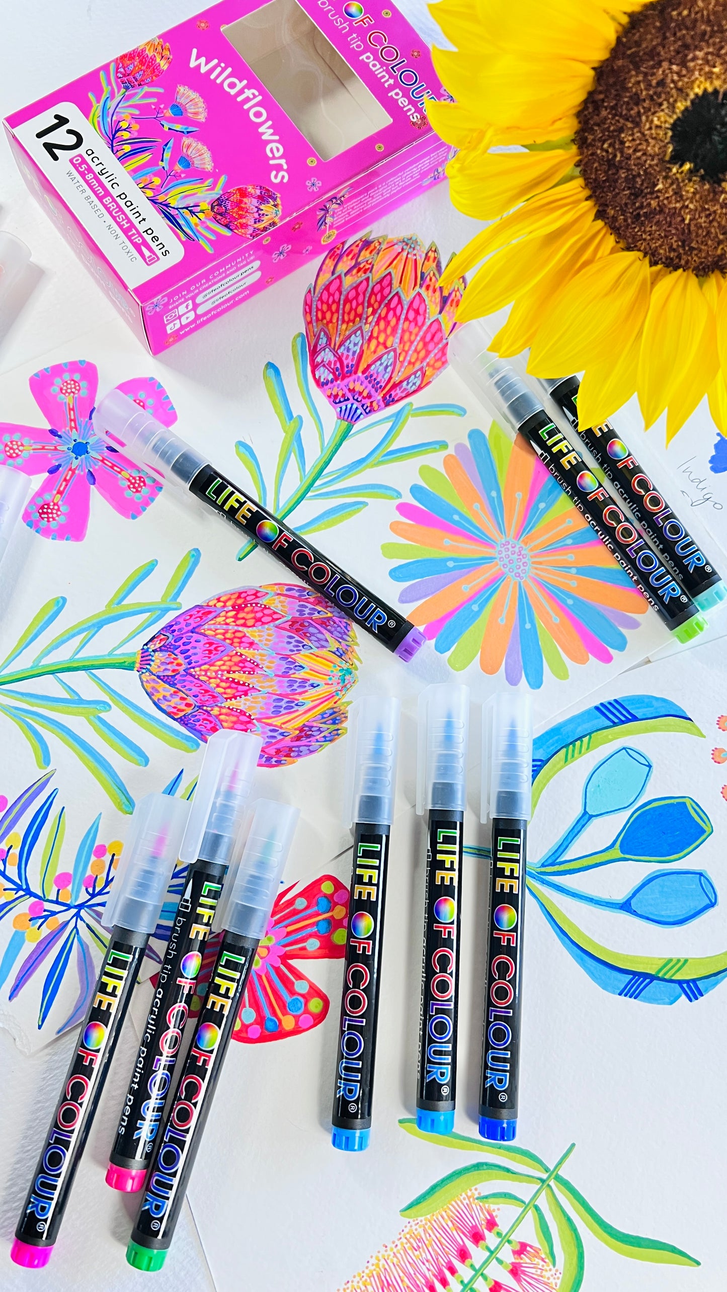 LIFE OF COLOUR collab Wildflowers Brush Tip Acrylic Paint Pens - Set of 12