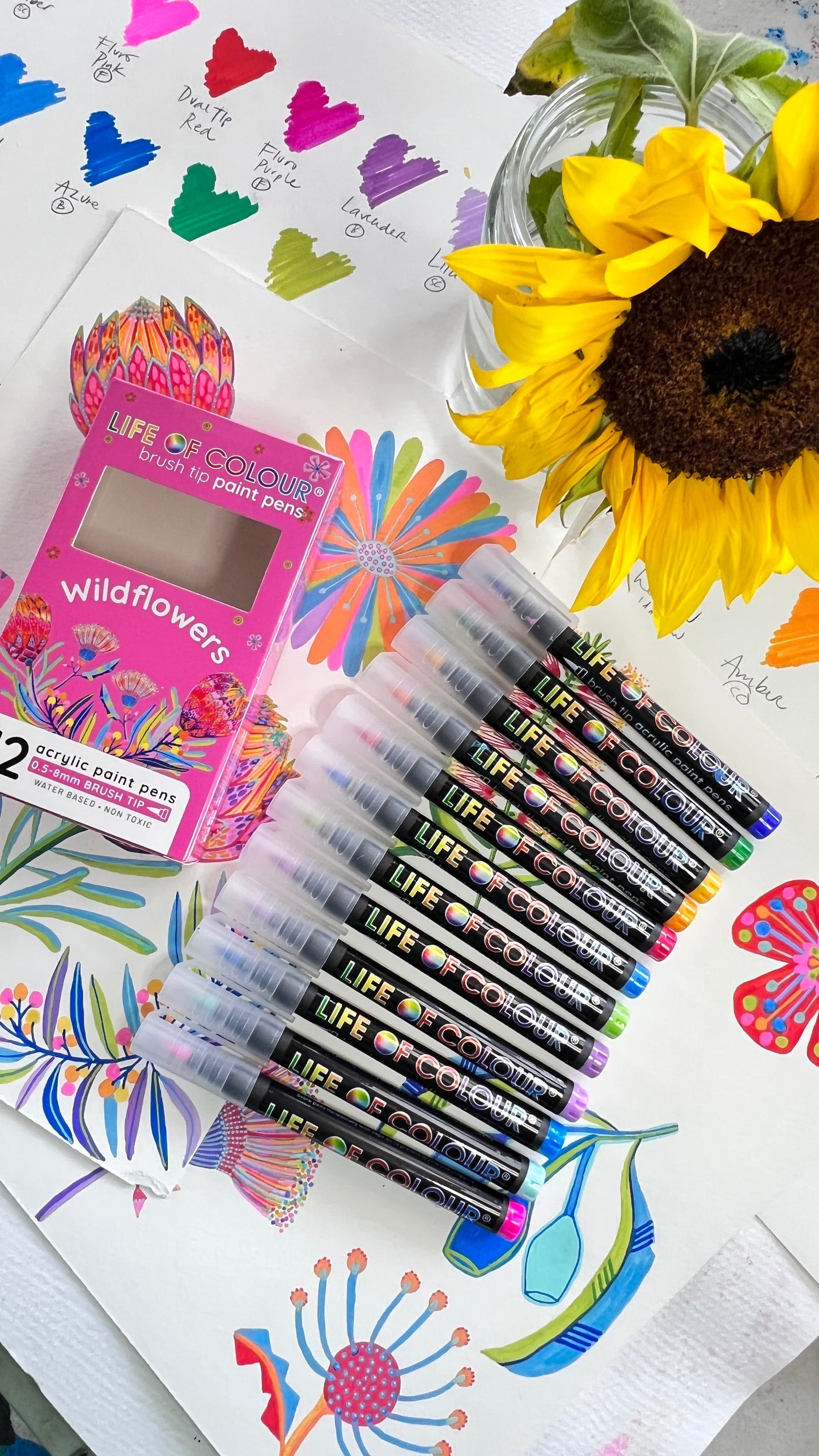 LIFE OF COLOUR collab Wildflowers Brush Tip Acrylic Paint Pens - Set of 12