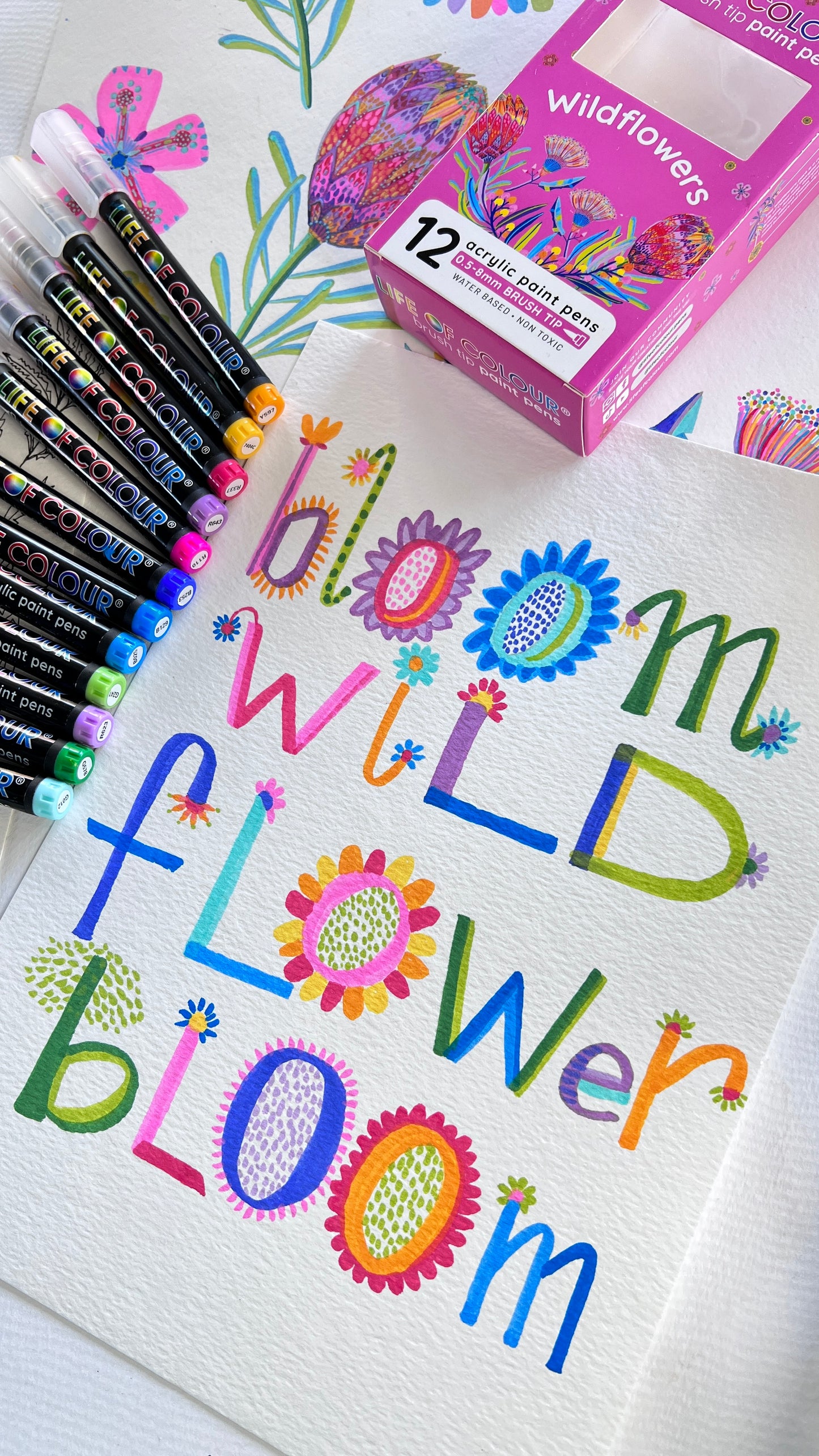 LIFE OF COLOUR collab Wildflowers Brush Tip Acrylic Paint Pens - Set of 12