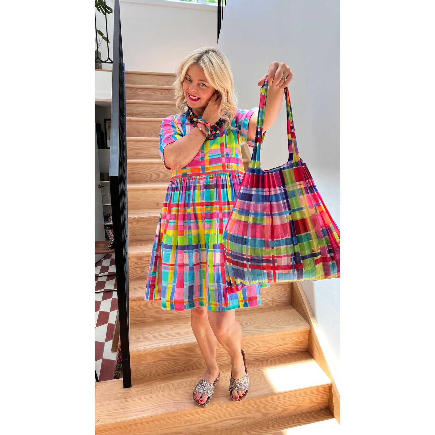 Concertina Pleat Bag - Rainbow Gingham - Lordy Dordie Art