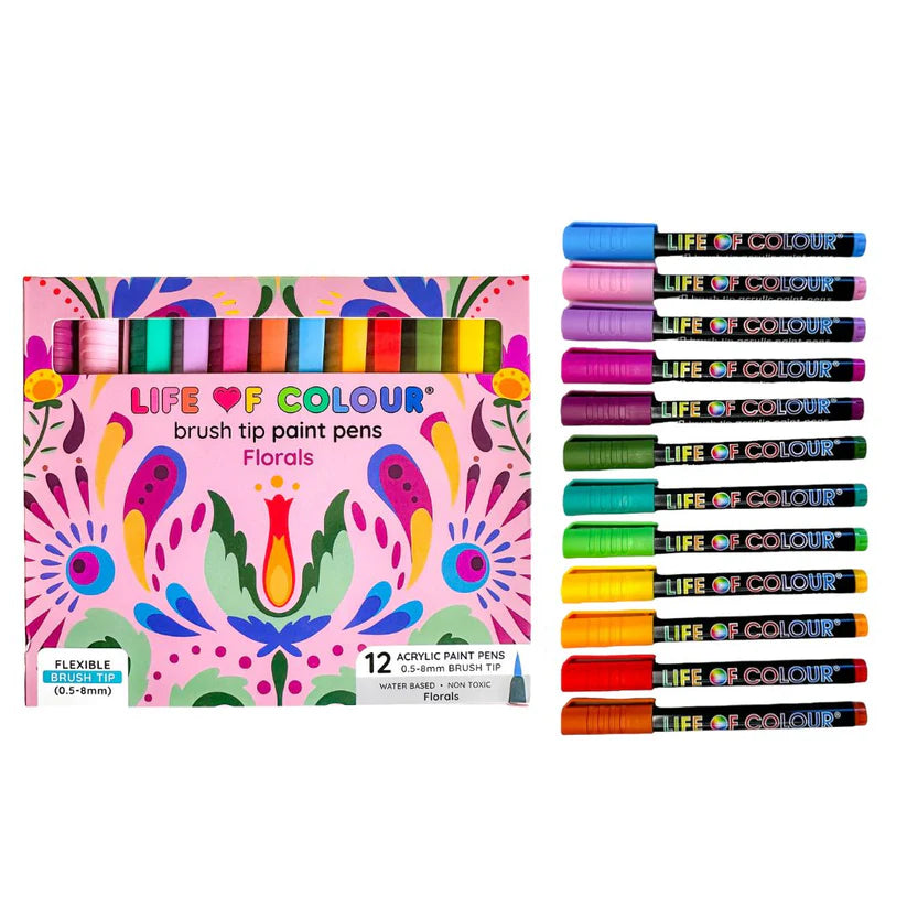LIFE OF COLOUR Floral Colours Brush Tip Acrylic Paint Pens - Set of 12