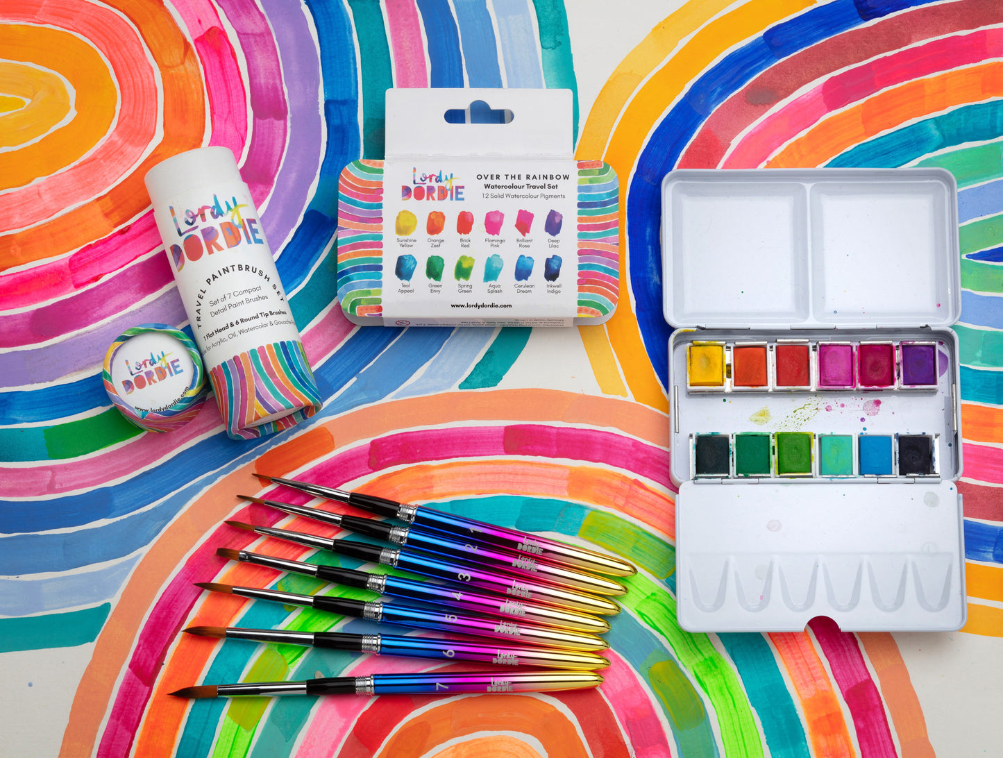 Portable artist travel paint brush set with seven brushes by Lordy Dordie