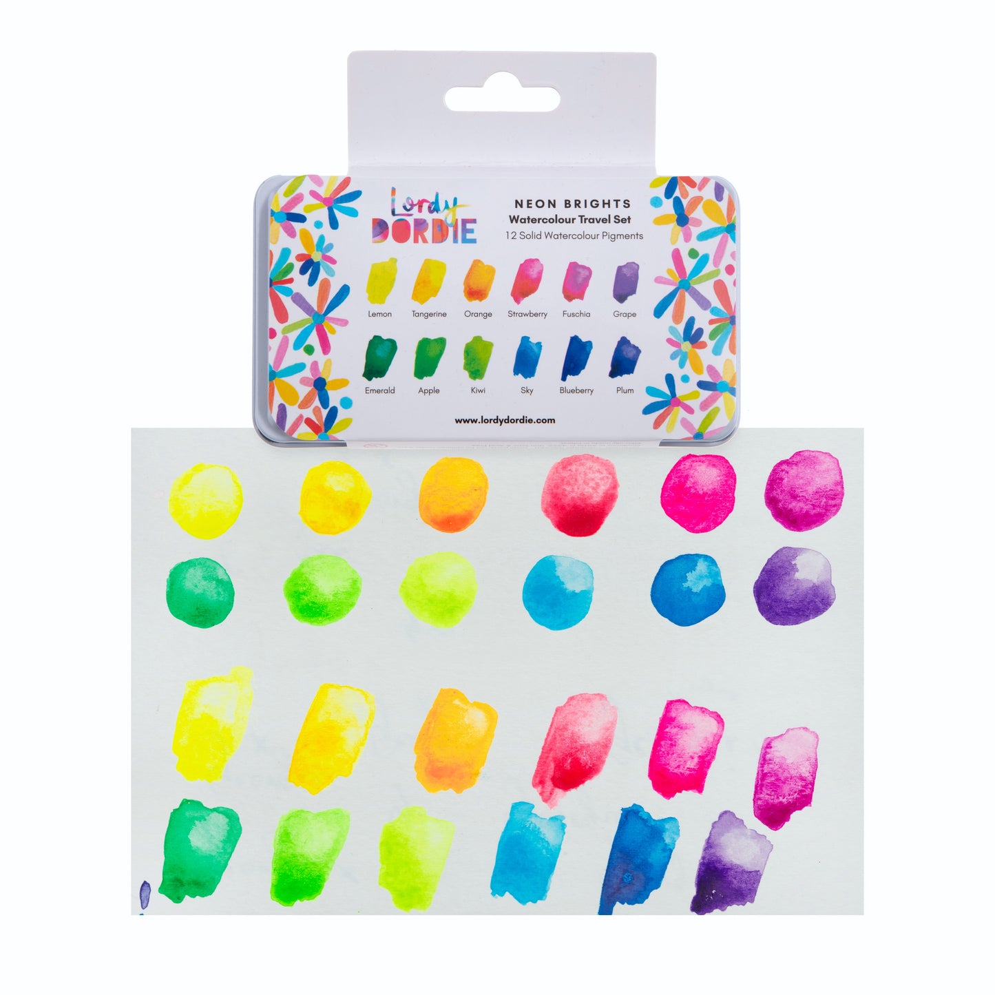 Neon Brights fluorescent watercolour travel paint set by Lordy Dordie