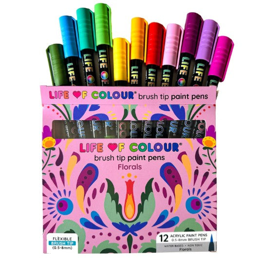 LIFE OF COLOUR Floral Colours Brush Tip Acrylic Paint Pens - Set of 12