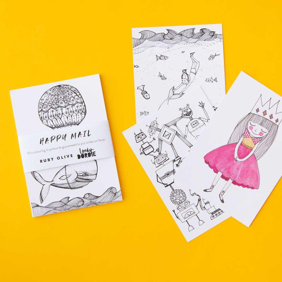 Load image into Gallery viewer, RUBY OLIVE x Lordy Dordie HAPPY MAIL - Set of 10 Colouring-In Postcards - Lordy Dordie Art
