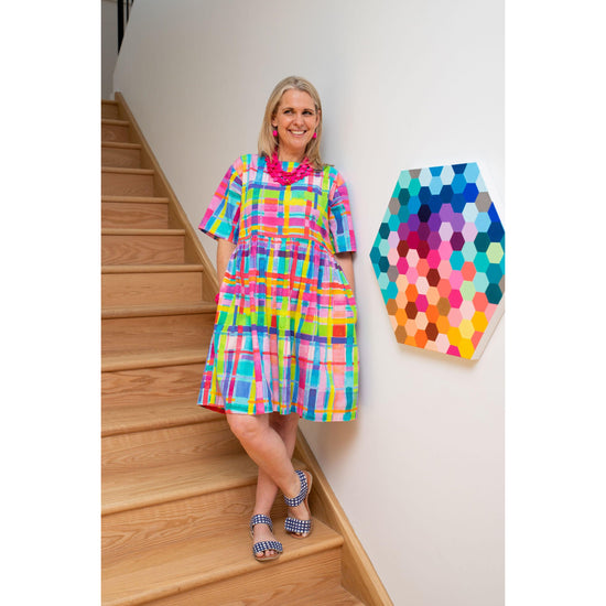 Load image into Gallery viewer, Rainbow Gingham (Aqua) - SUMMER SMOCK DRESS - Lordy Dordie Art
