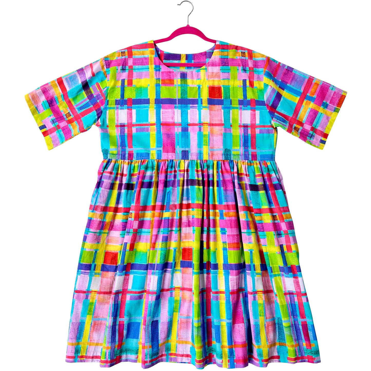 Load image into Gallery viewer, Rainbow Gingham (Aqua) - SUMMER SMOCK DRESS - Lordy Dordie Art
